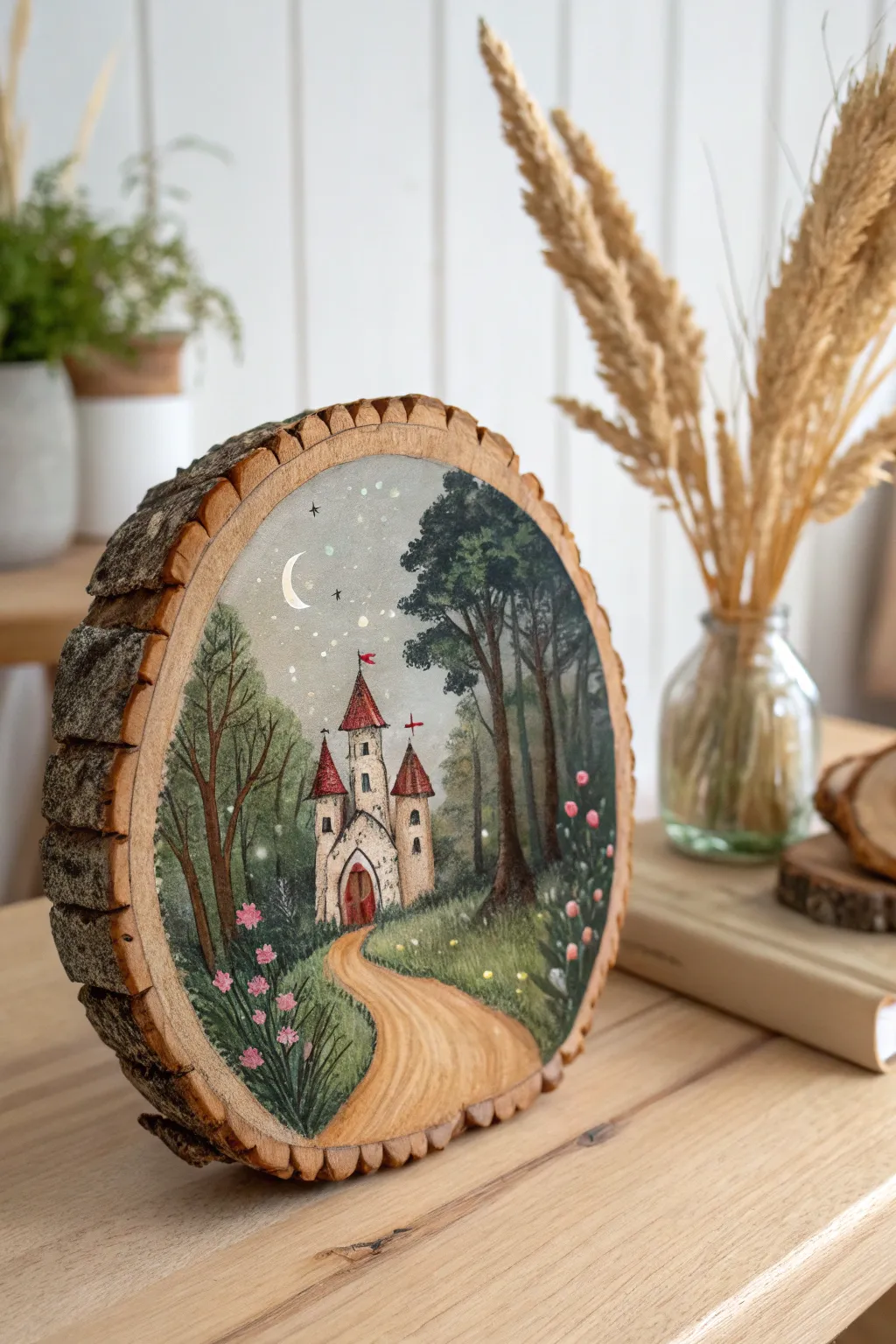 Bring a touch of storybook magic to your home with this enchanting fairy tale wood slice painting.