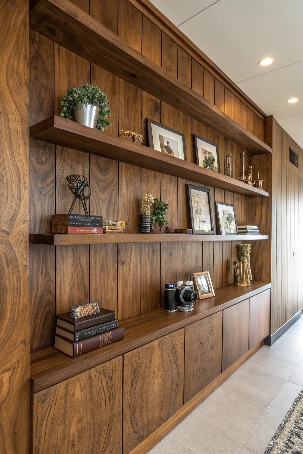 Elevate your space with the elegance of wood and the functionality of shelving.