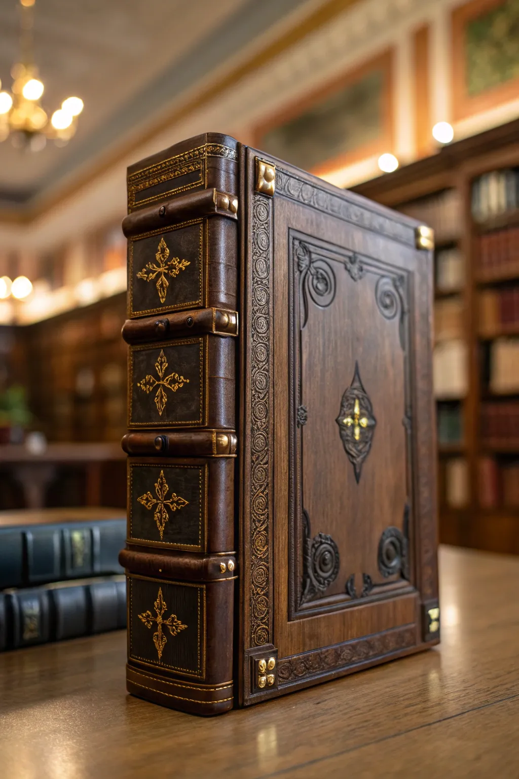 Elevate your space with this leather-bound wooden book box, a masterpiece of craftsmanship and timeless elegance.