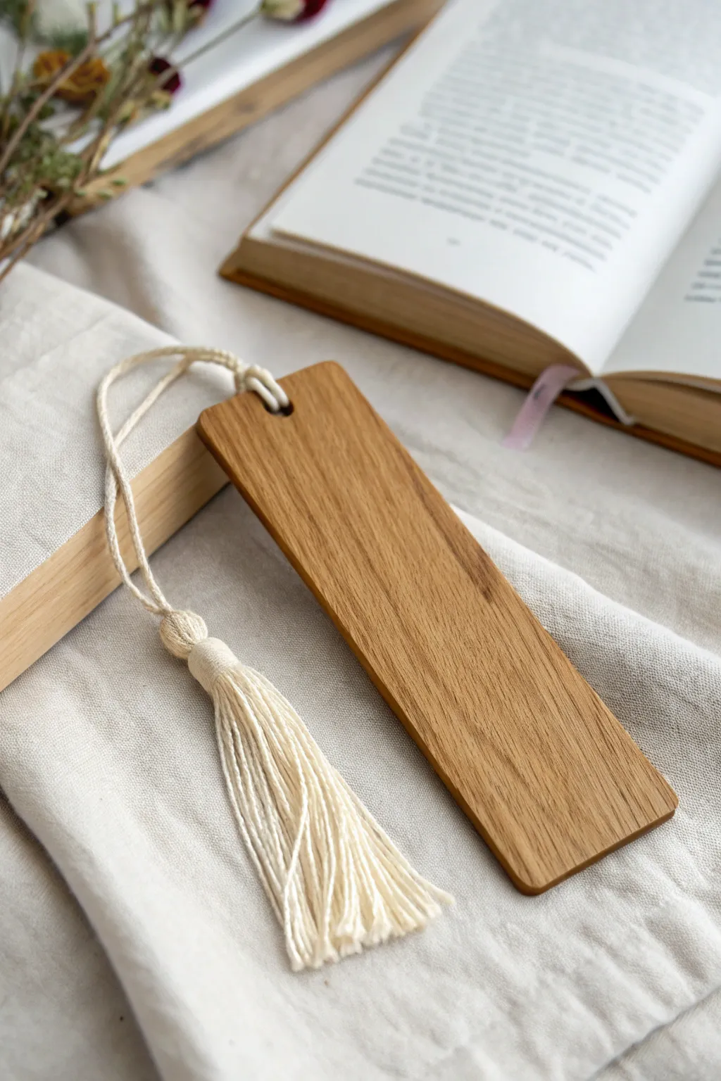 Add a touch of elegance to your reading with a handcrafted wooden bookmark, complete with a charming tassel.