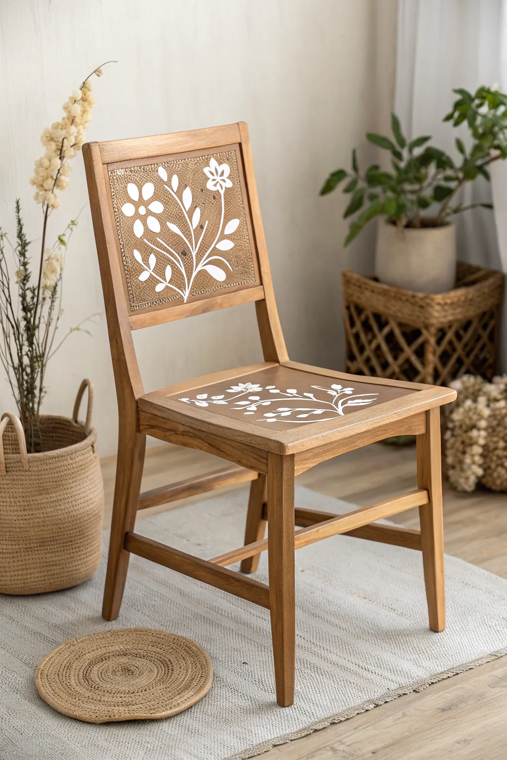Elevate your space with a touch of artistry: A wooden chair transformed by delicate floral stencils.