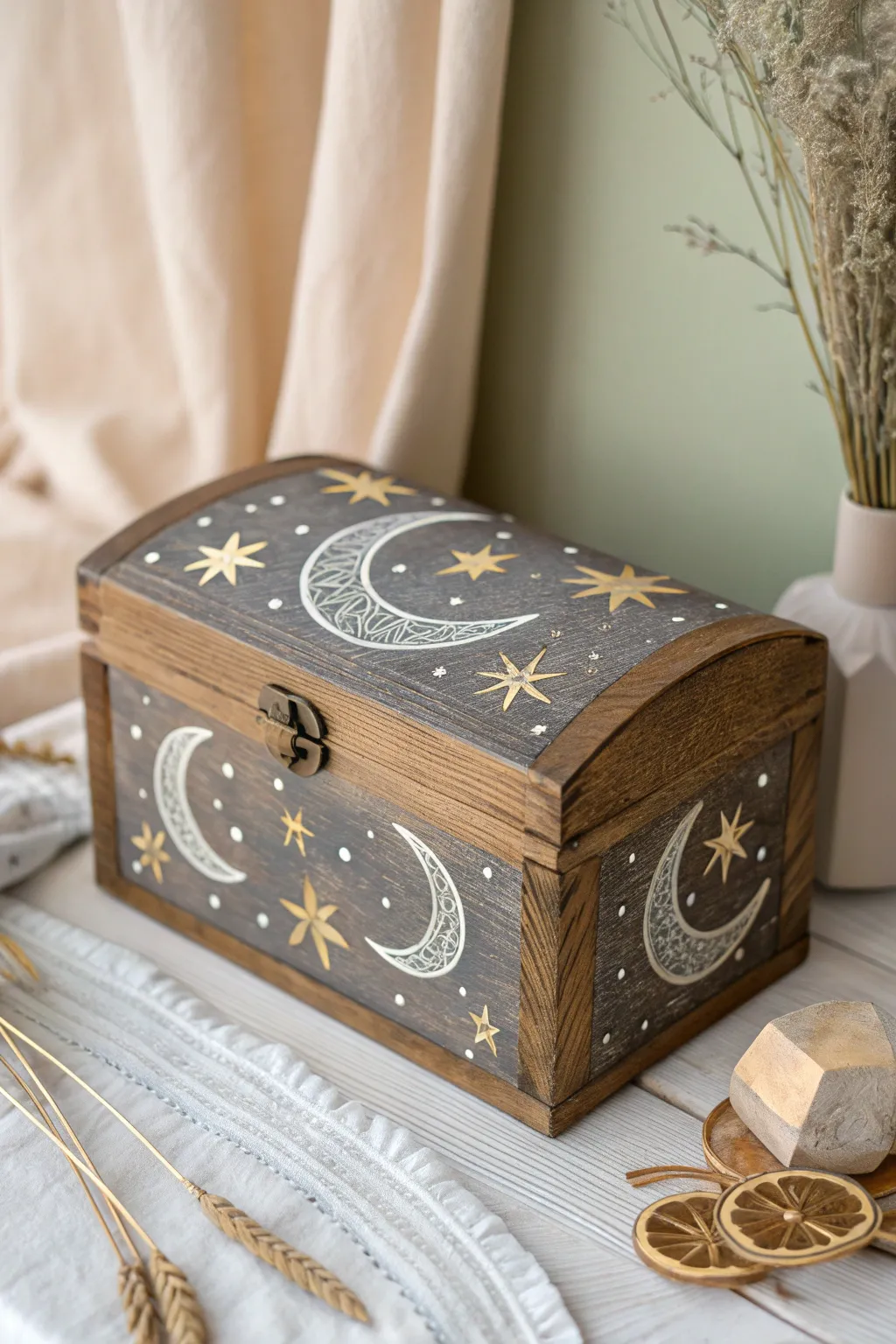 Transform your space into a stargazer's paradise with this celestial-themed wooden chest. 🌙✨ #MinimalistBoho #CelestialDesign