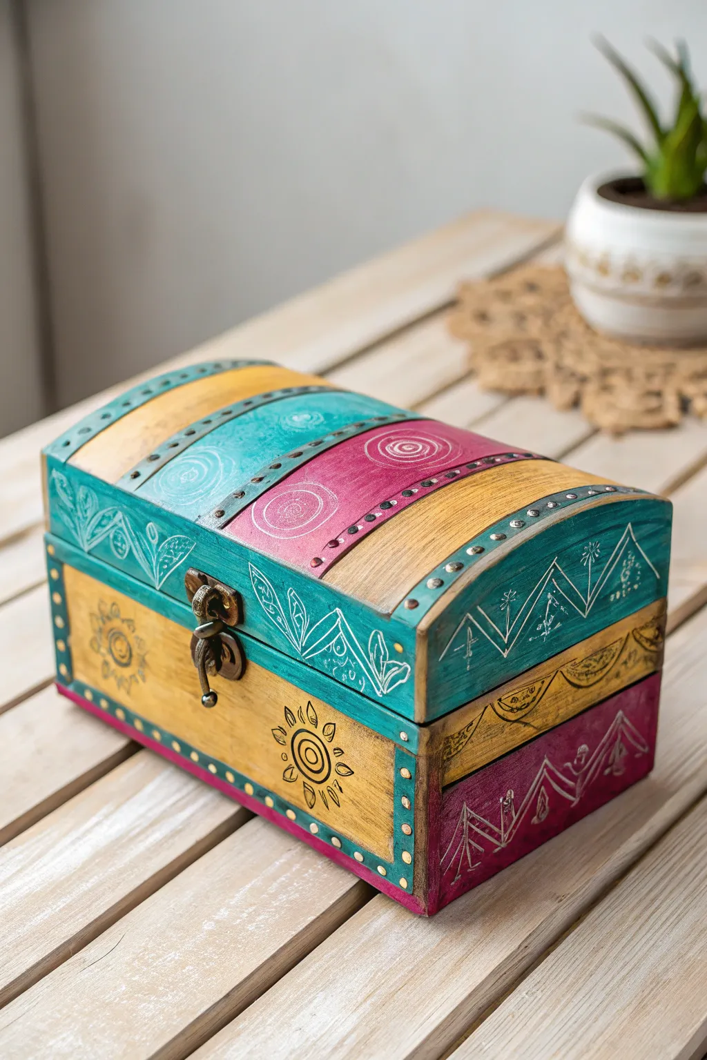 Transform your space with a splash of bold colors on a handcrafted wooden jewelry box, where simplicity meets vibrant elegance.
