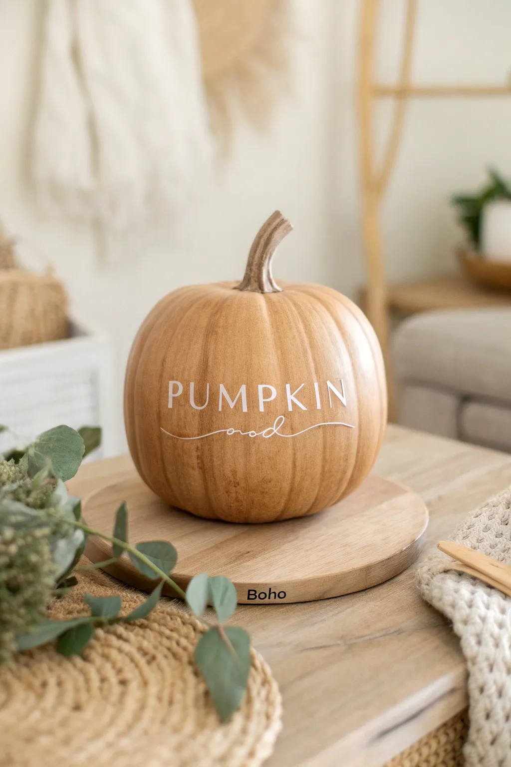 Personalize your space with a monogrammed wooden pumpkin, where craftsmanship meets minimalist elegance.