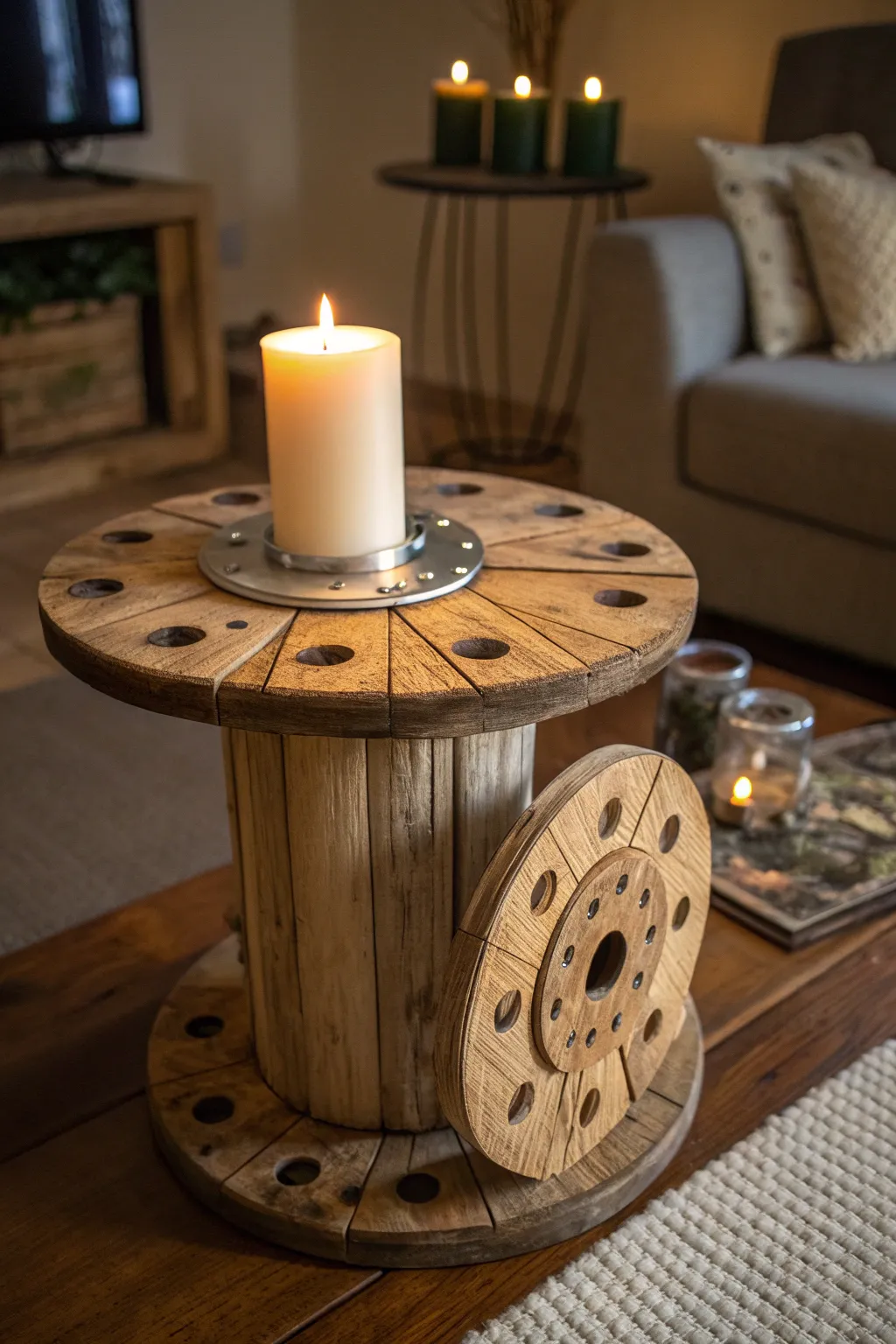 Transform your space with the enchanting glow of a handcrafted wooden reel candle holder.