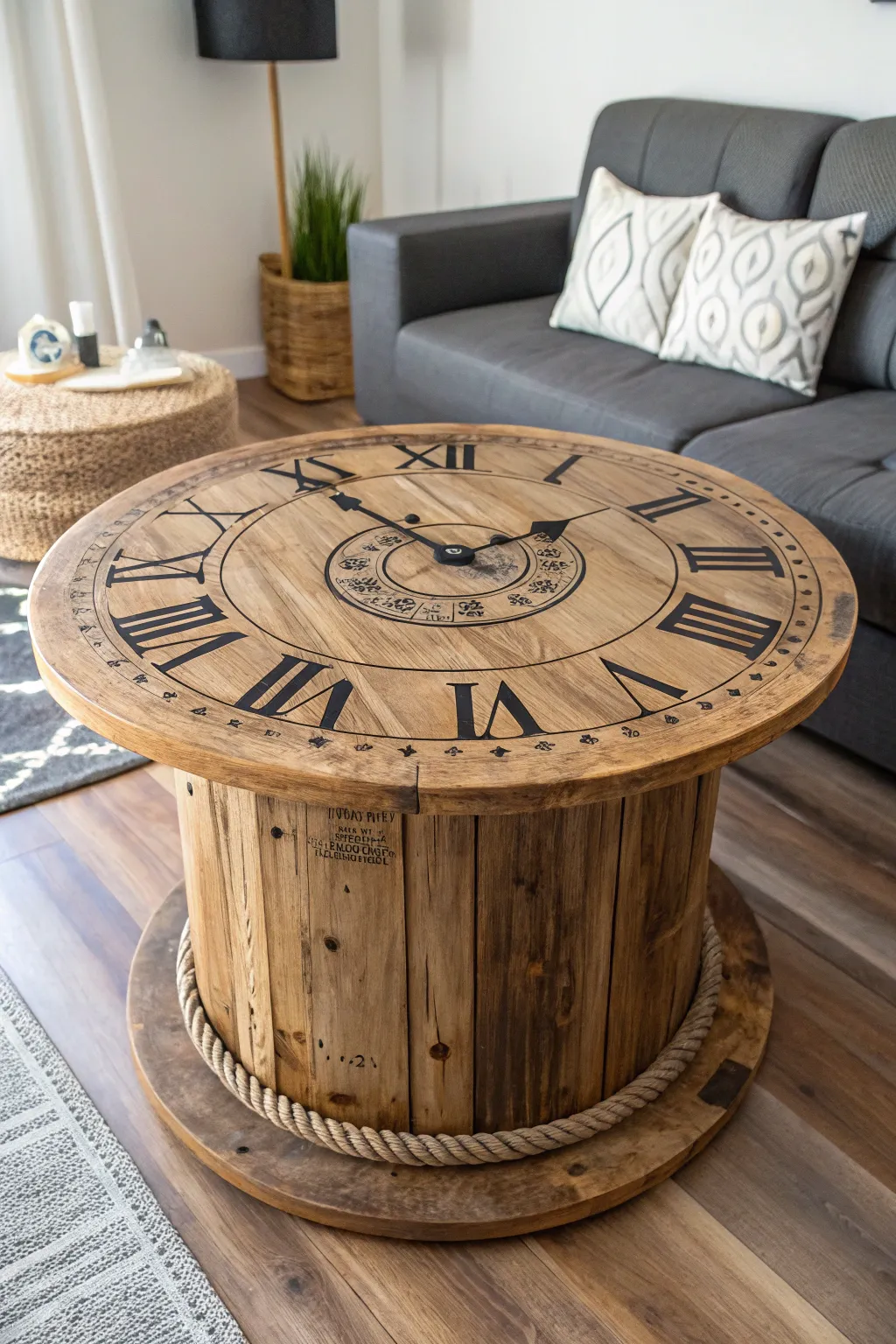 Elevate your living room with this handcrafted wooden spool table, a perfect blend of function and style.