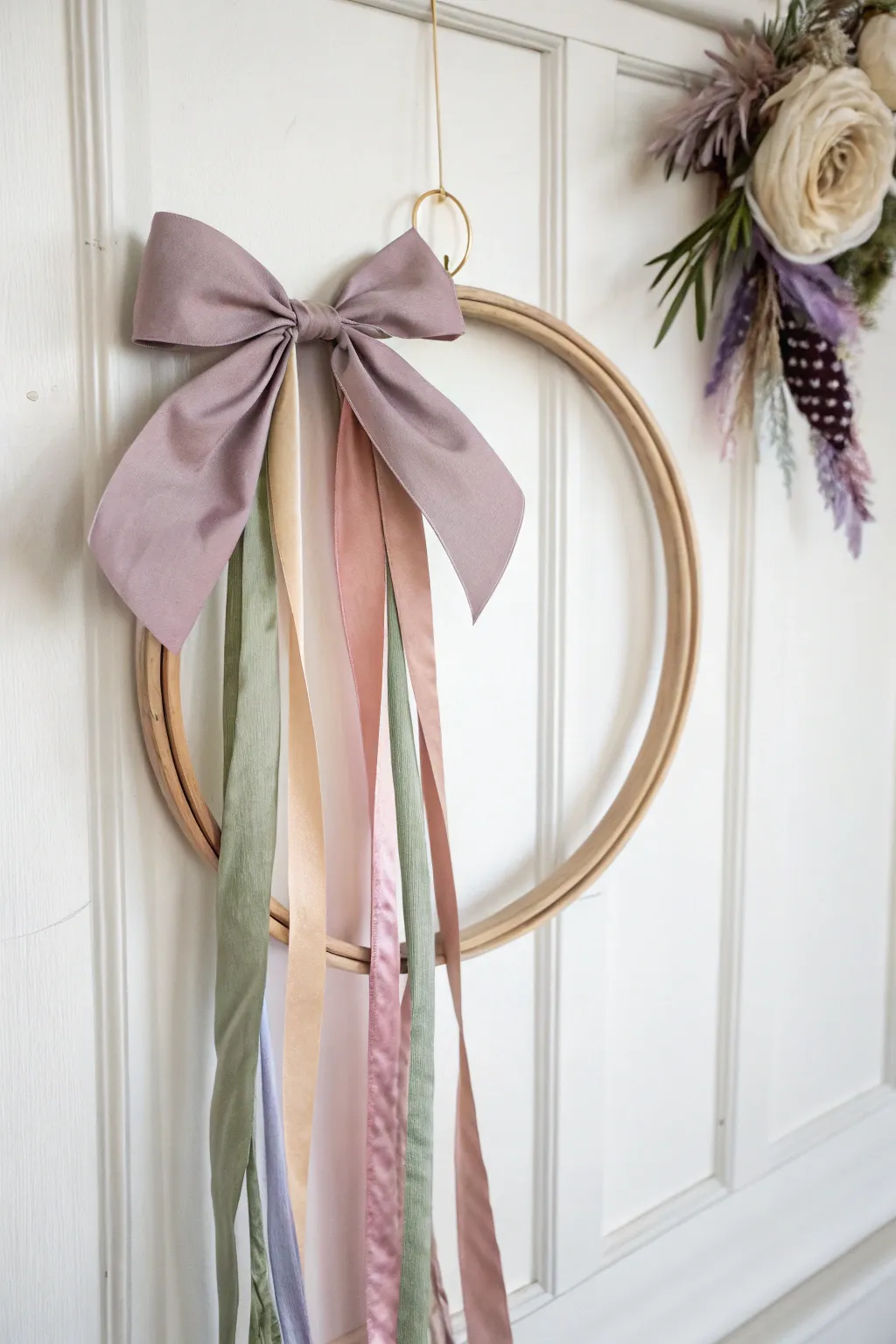 Add a splash of color and movement to your space with this charming ribbon-adorned wreath. 🌿🎀 #ScandiBoho #WreathDecor