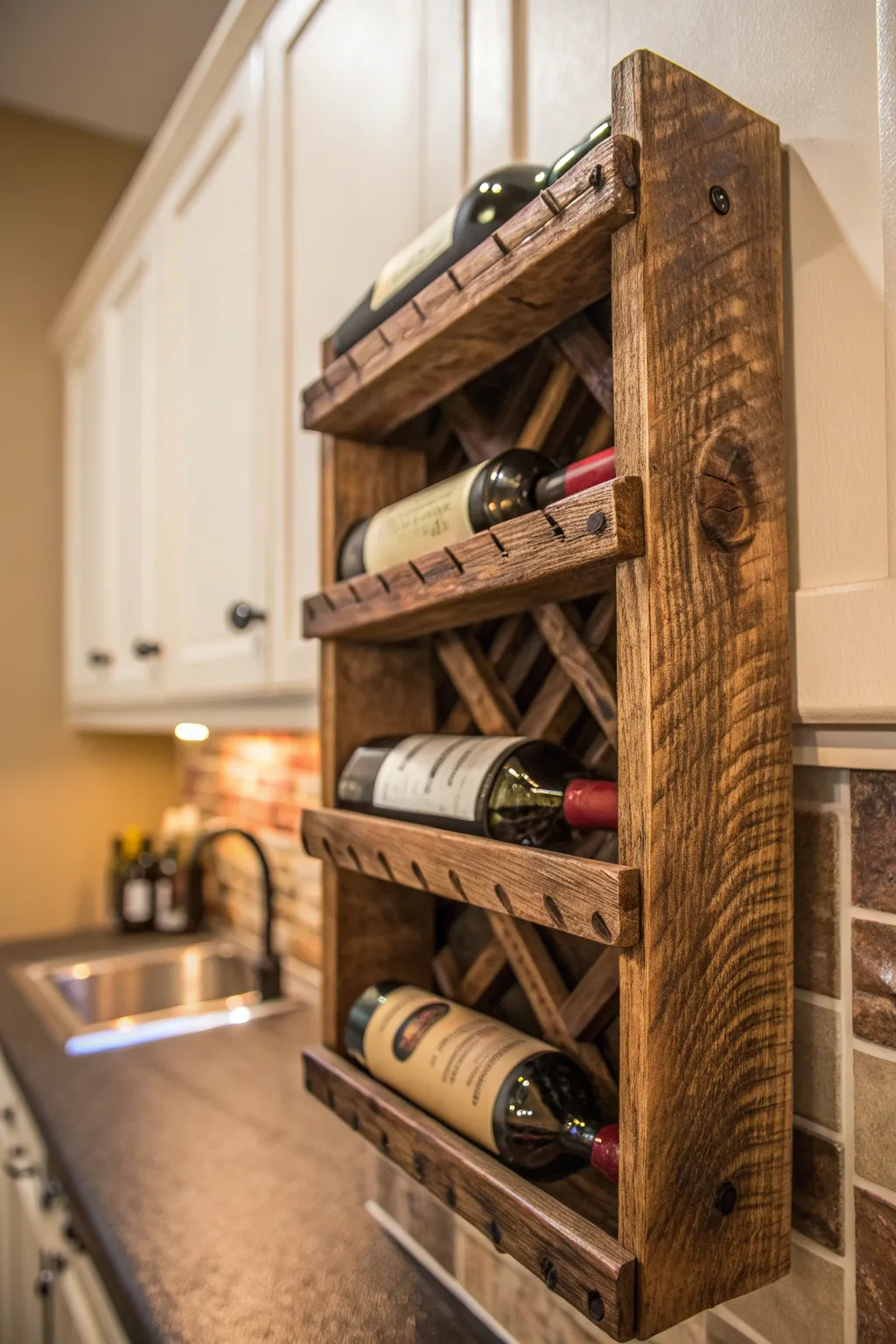 Elevate your kitchen's charm with a handcrafted rustic wine rack, where each bottle tells a story.