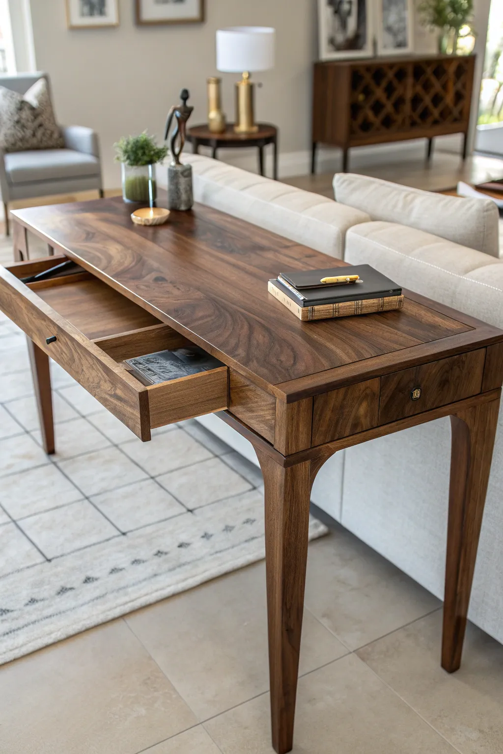 Discover the perfect blend of form and function with this handcrafted convertible console table.