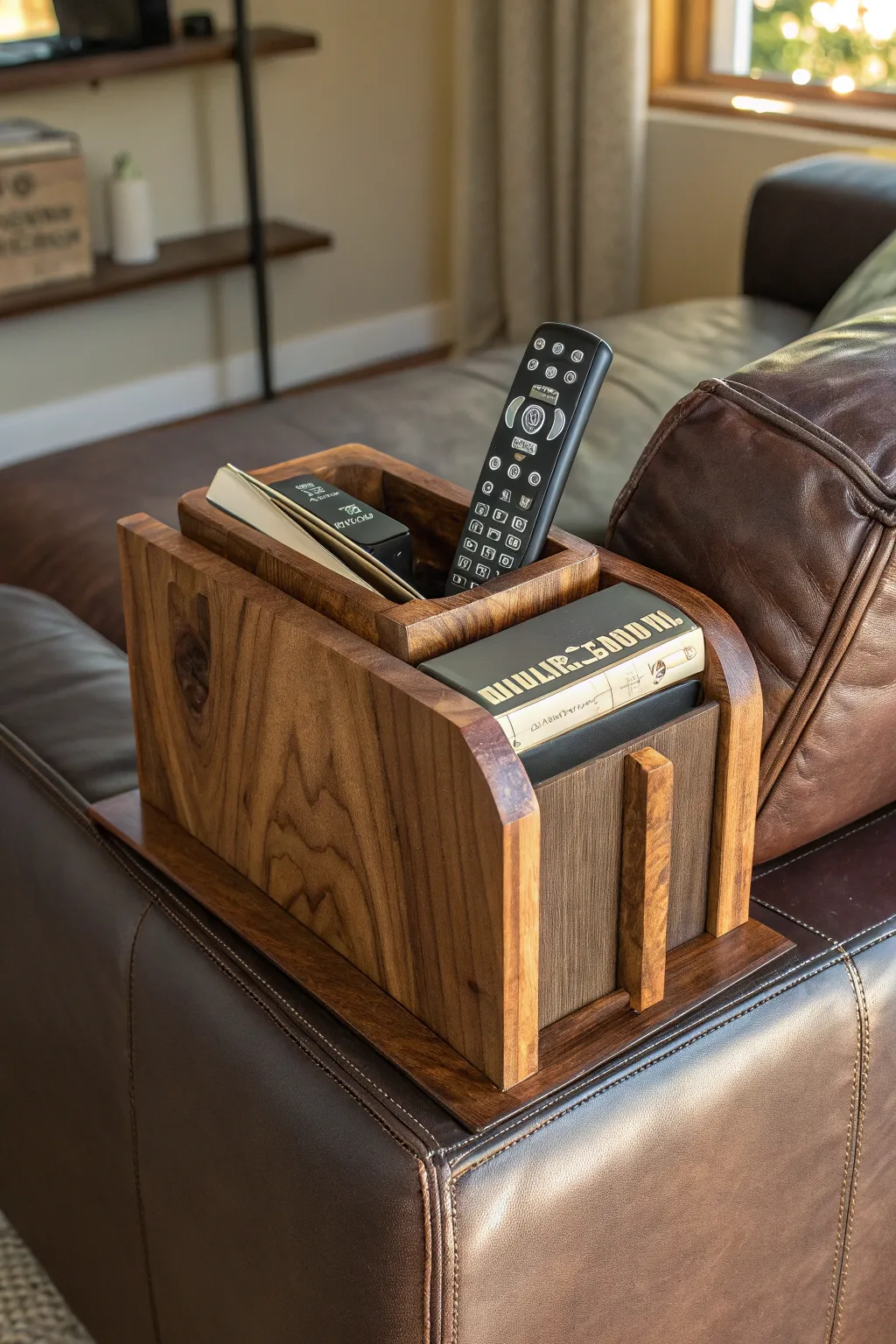 Elevate Dad's relaxation time with a handcrafted wooden couch caddy that's as stylish as it is functional.
