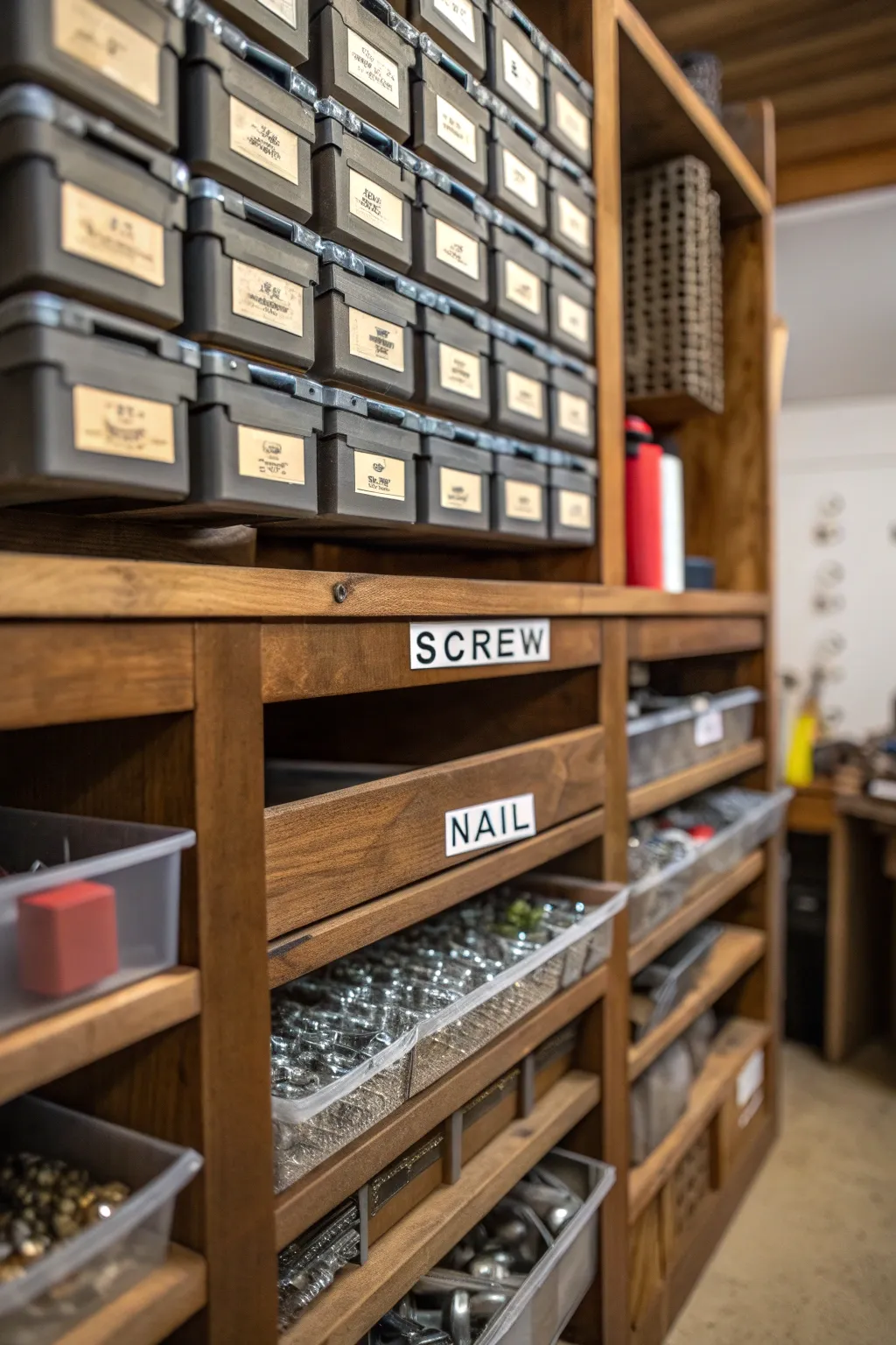 Streamline your workshop with stylishly organized bins—where craftsmanship meets efficiency.