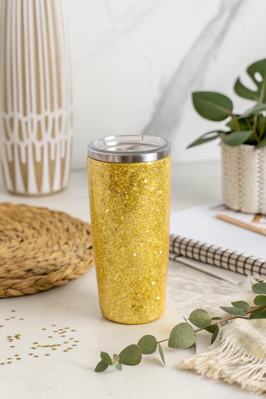 Experience the sensory delight of textured elegance with this handcrafted yellow glitter tumbler.