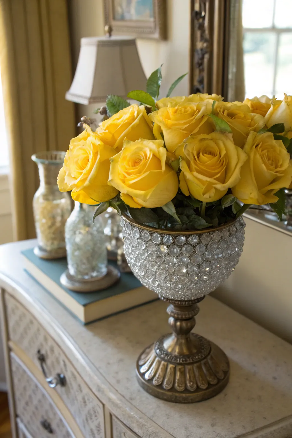 Vintage vibe with yellow roses and crystal accents.