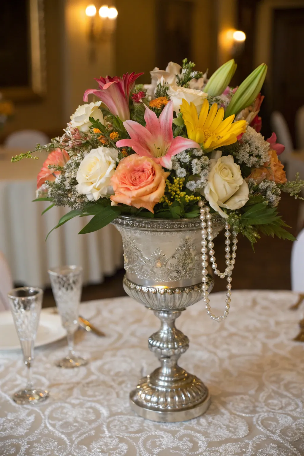 A vintage-inspired centerpiece with a blend of antique and modern elements.