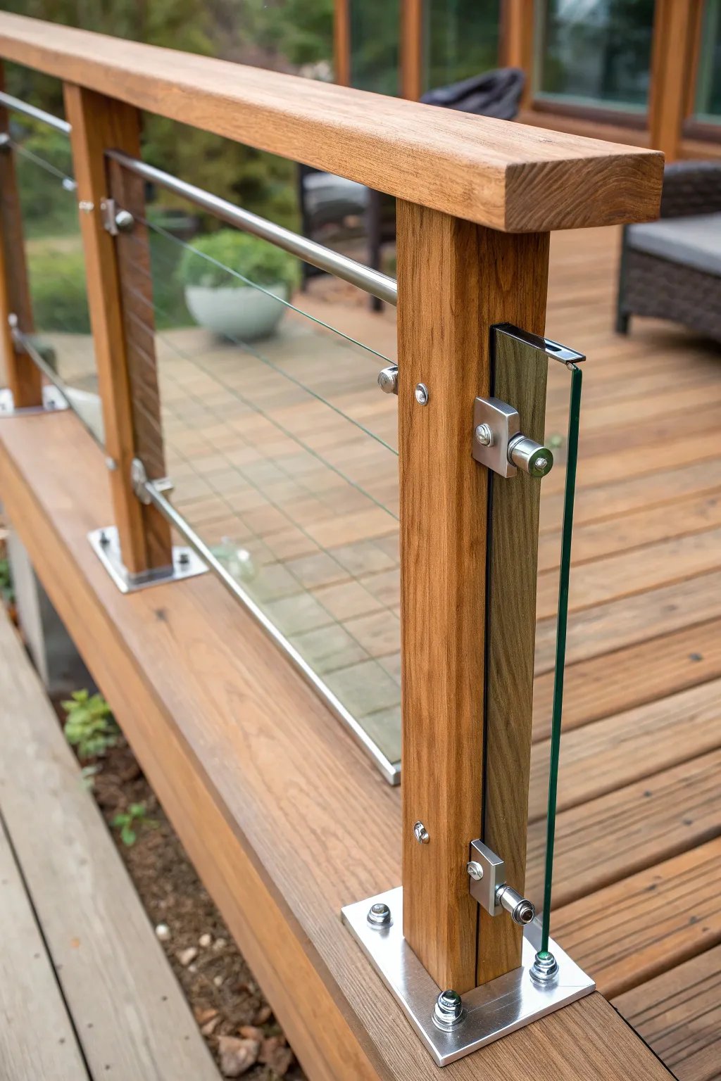 Elevate your deck with a stunning mix of wood, metal, and glass for a captivating blend of textures.