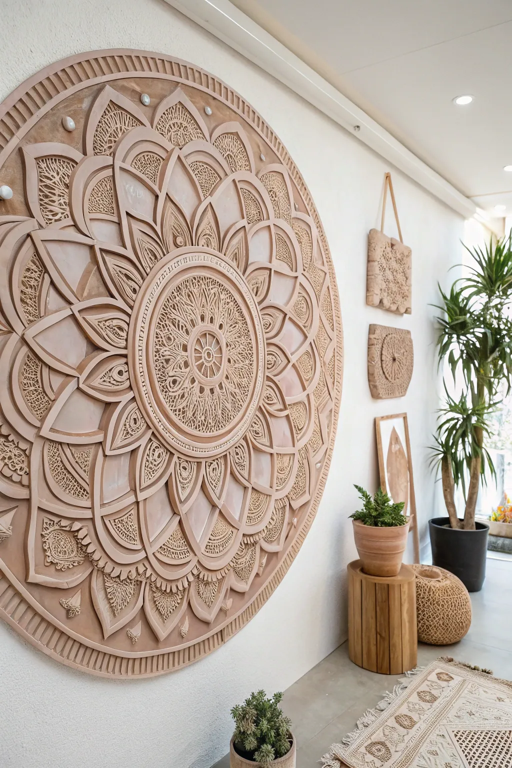 Discover the serenity of bohemian bliss with this stunning 3D clay mandala mural.