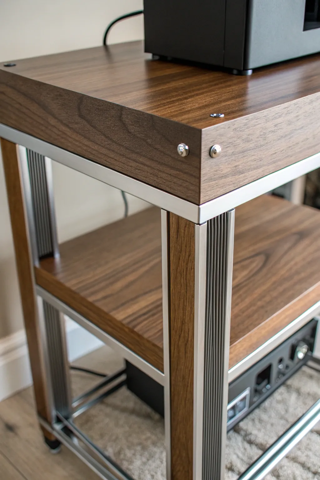Embrace simplicity with a minimalist stand that blends wood and metal to perfection.
