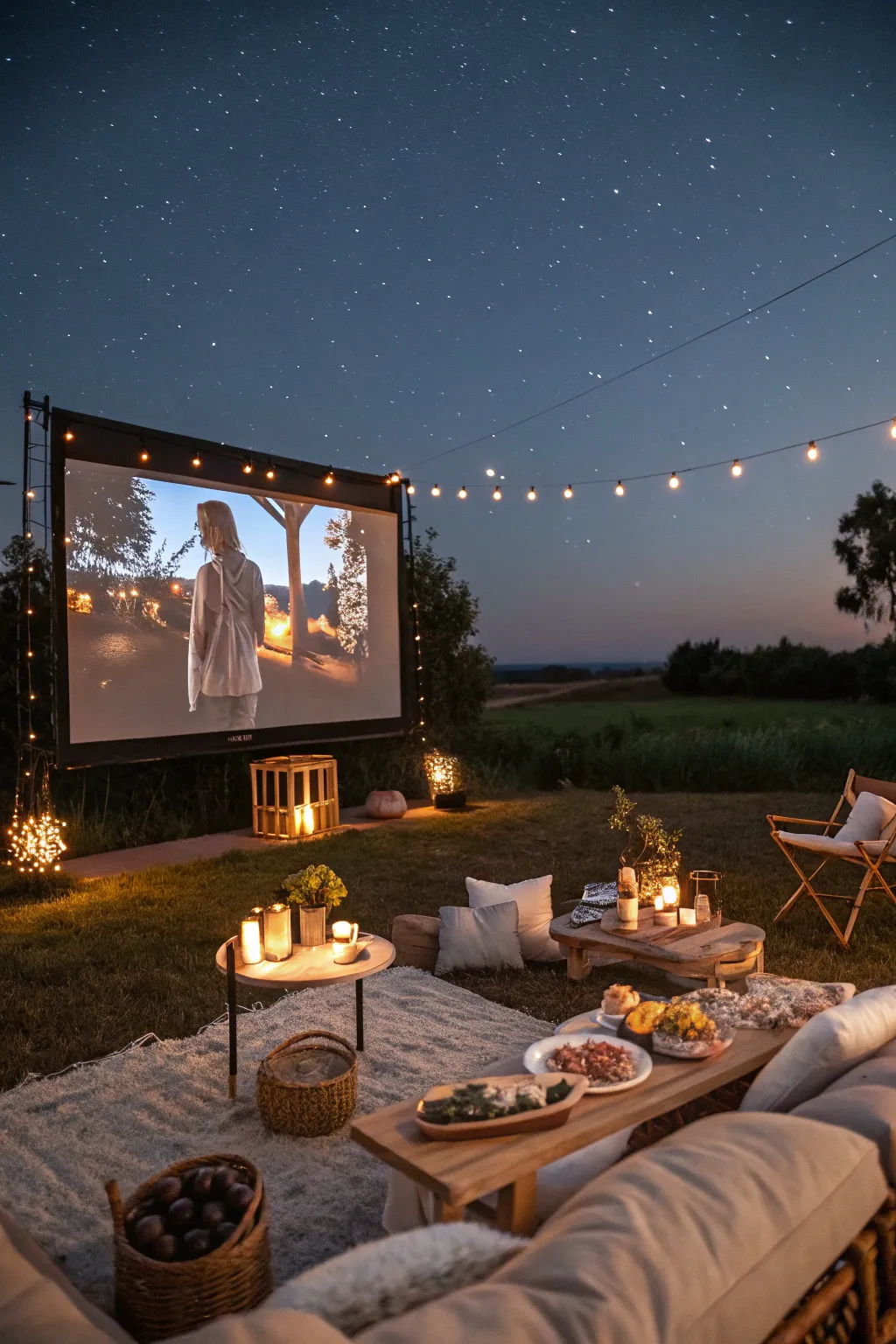An enchanting outdoor movie night for a birthday celebration.