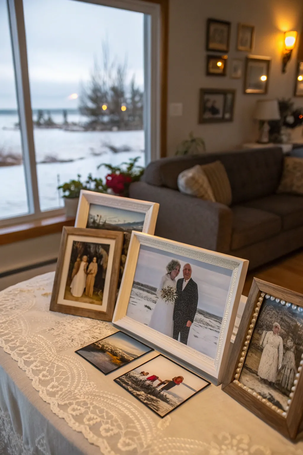 A captivating display of framed photos celebrating a couple's 50 years together.