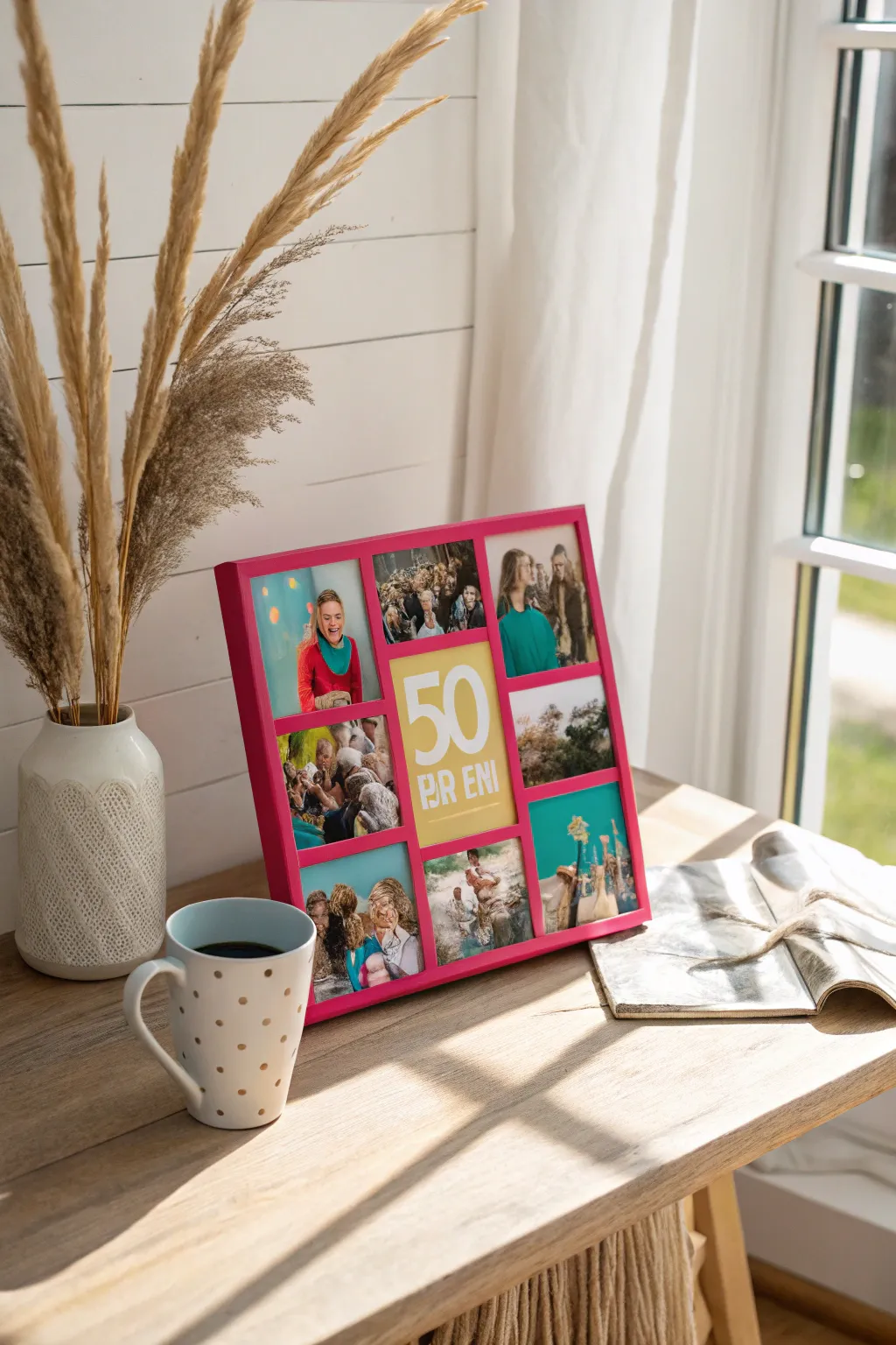 A splash of color meets minimalist elegance in this vibrant 50th birthday collage.