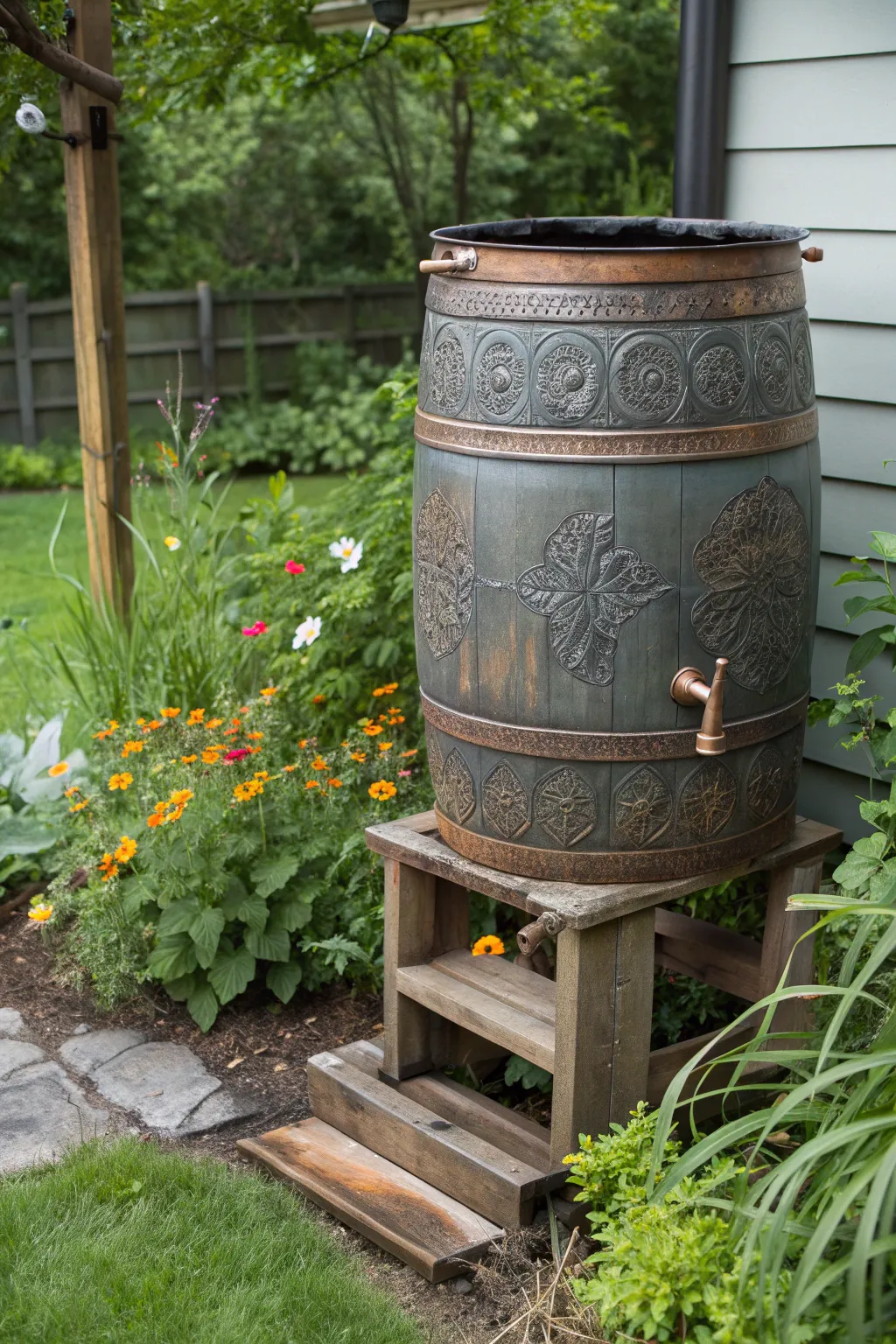 Elevate your garden with this artisan-crafted rainwater system.