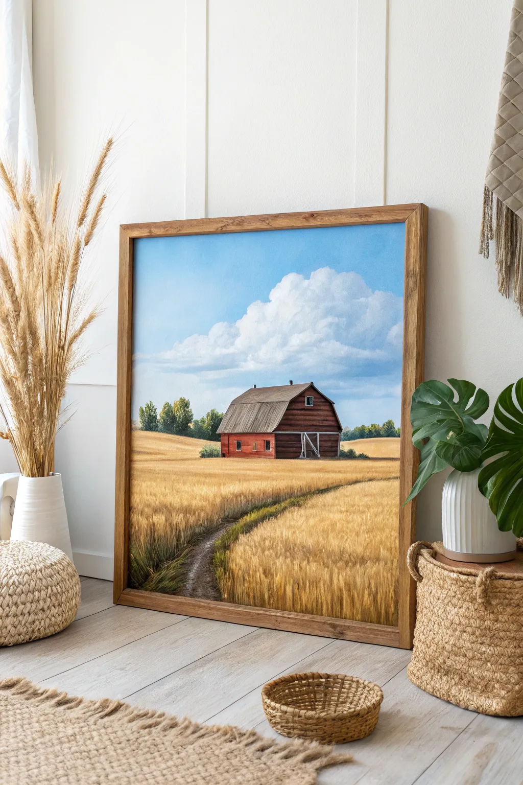 Embrace the serenity of the countryside with this charming barn painting, perfect for adding a touch of rustic elegance to your cozy corner.