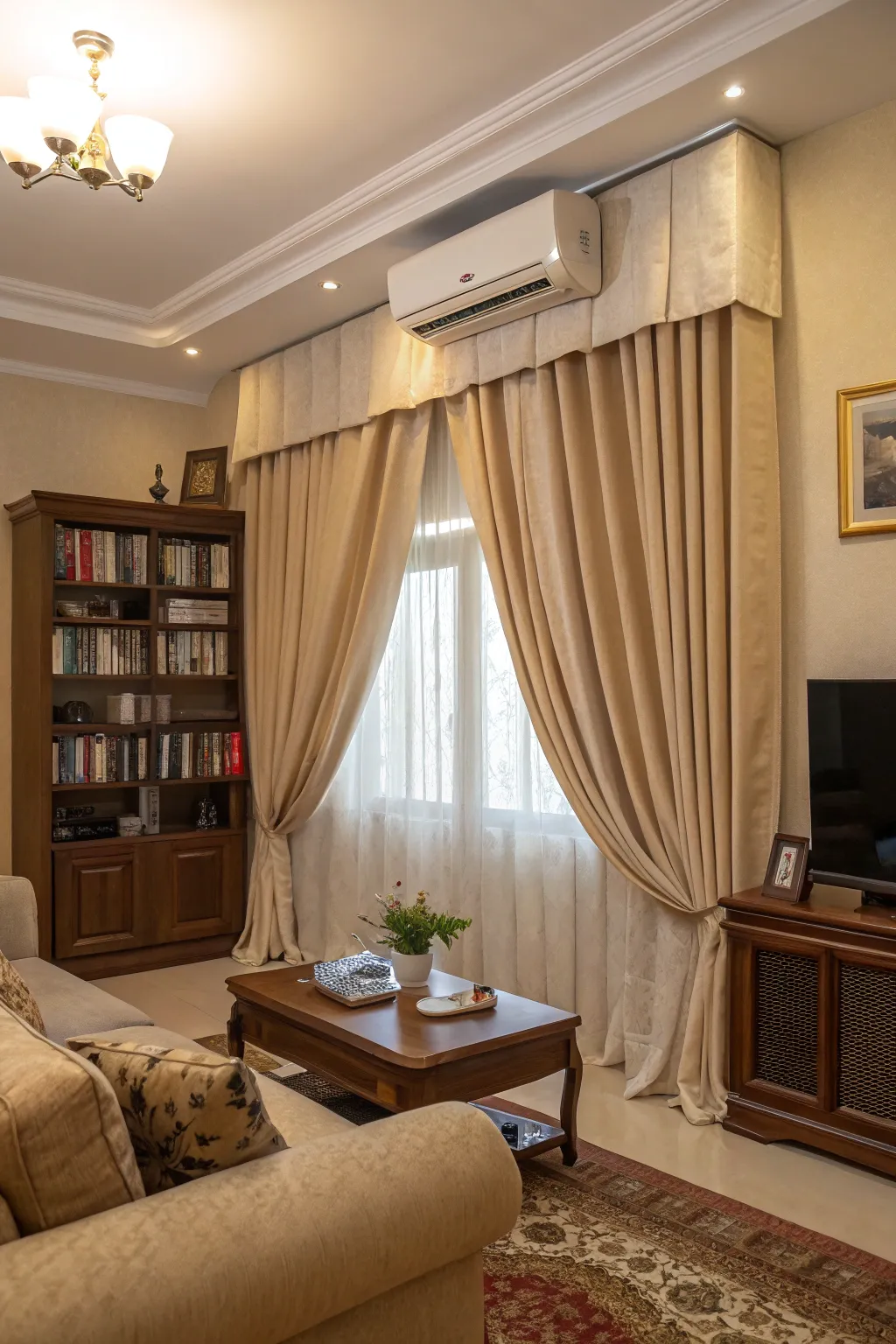 Stylishly conceal your AC unit with complementary window treatments.