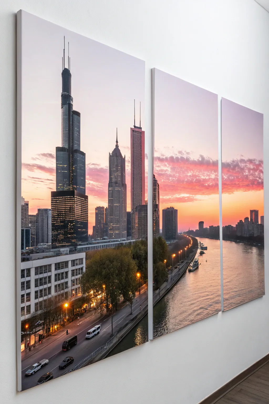 Transform your space with the serene allure of an urban sunset triptych.