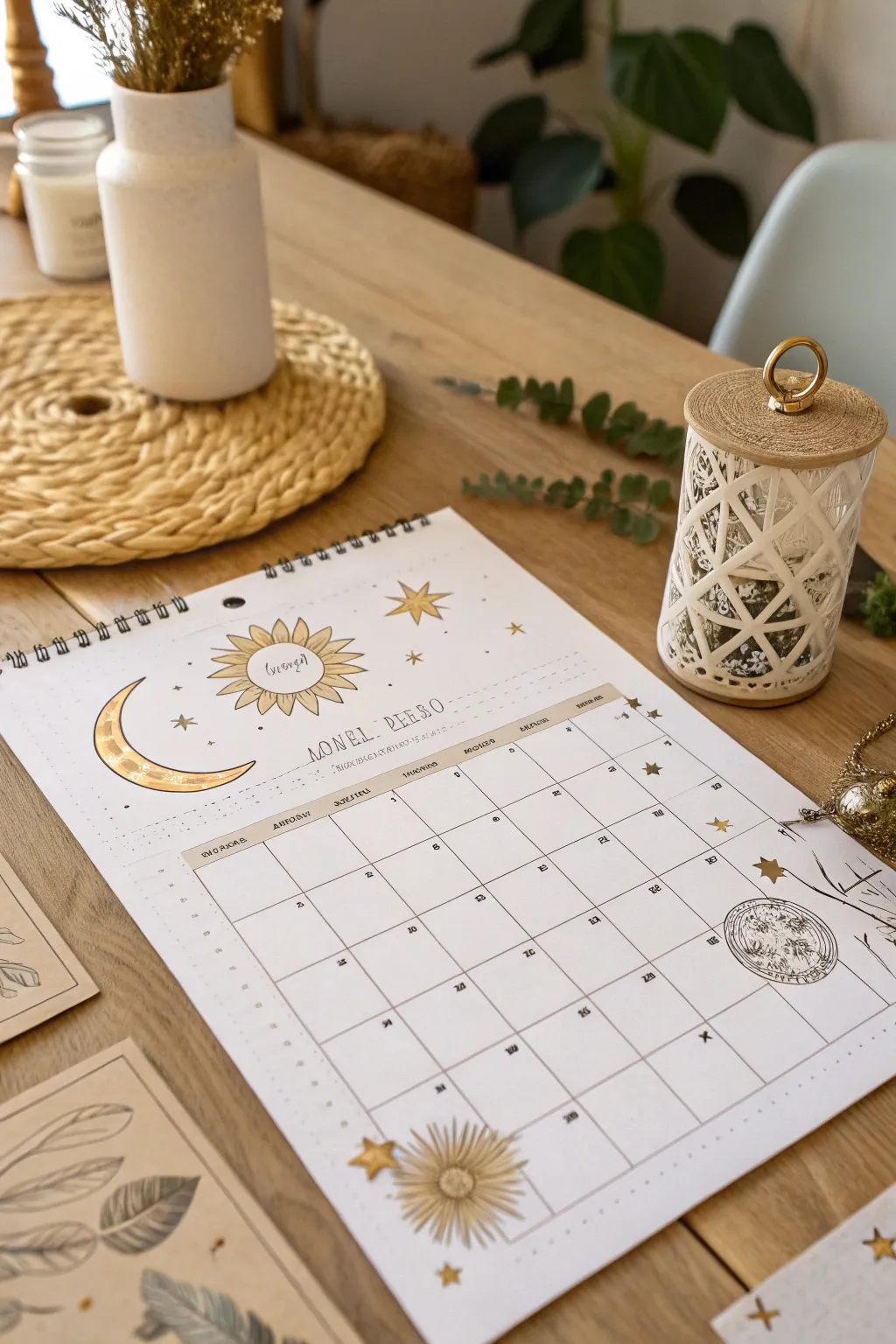 Add a whimsical touch to your planning with handcrafted sun and moon illustrations, perfect for a minimalist aesthetic.