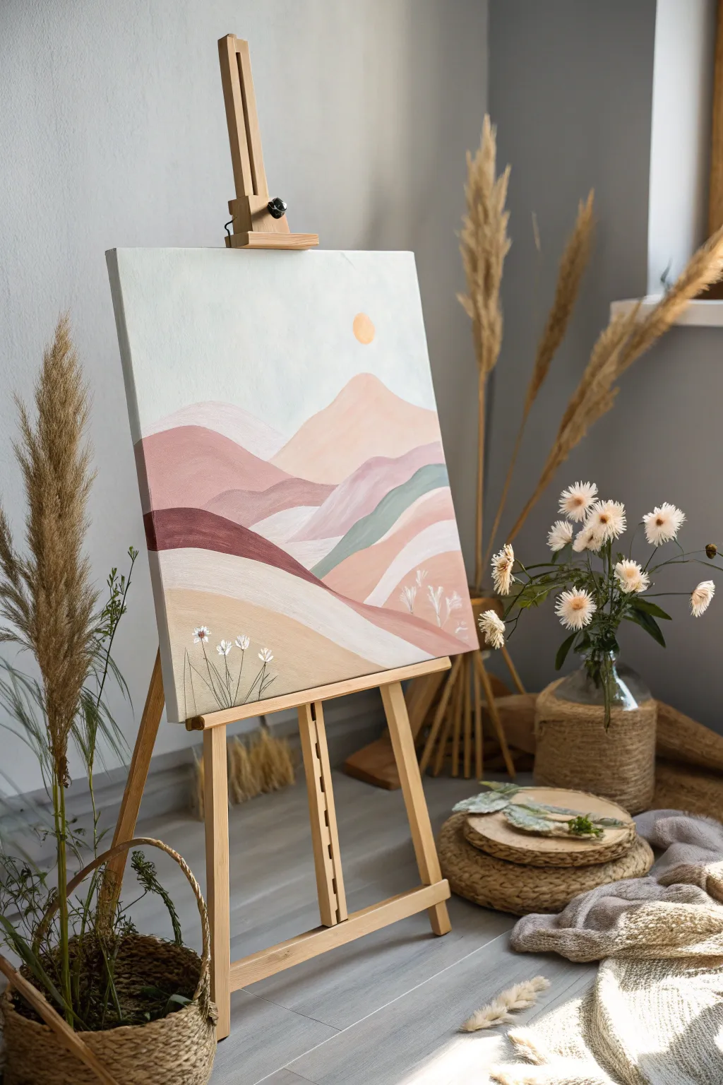 Capturing the tranquility of flowery hills through minimalist artistry. Embrace the beauty of simplicity.