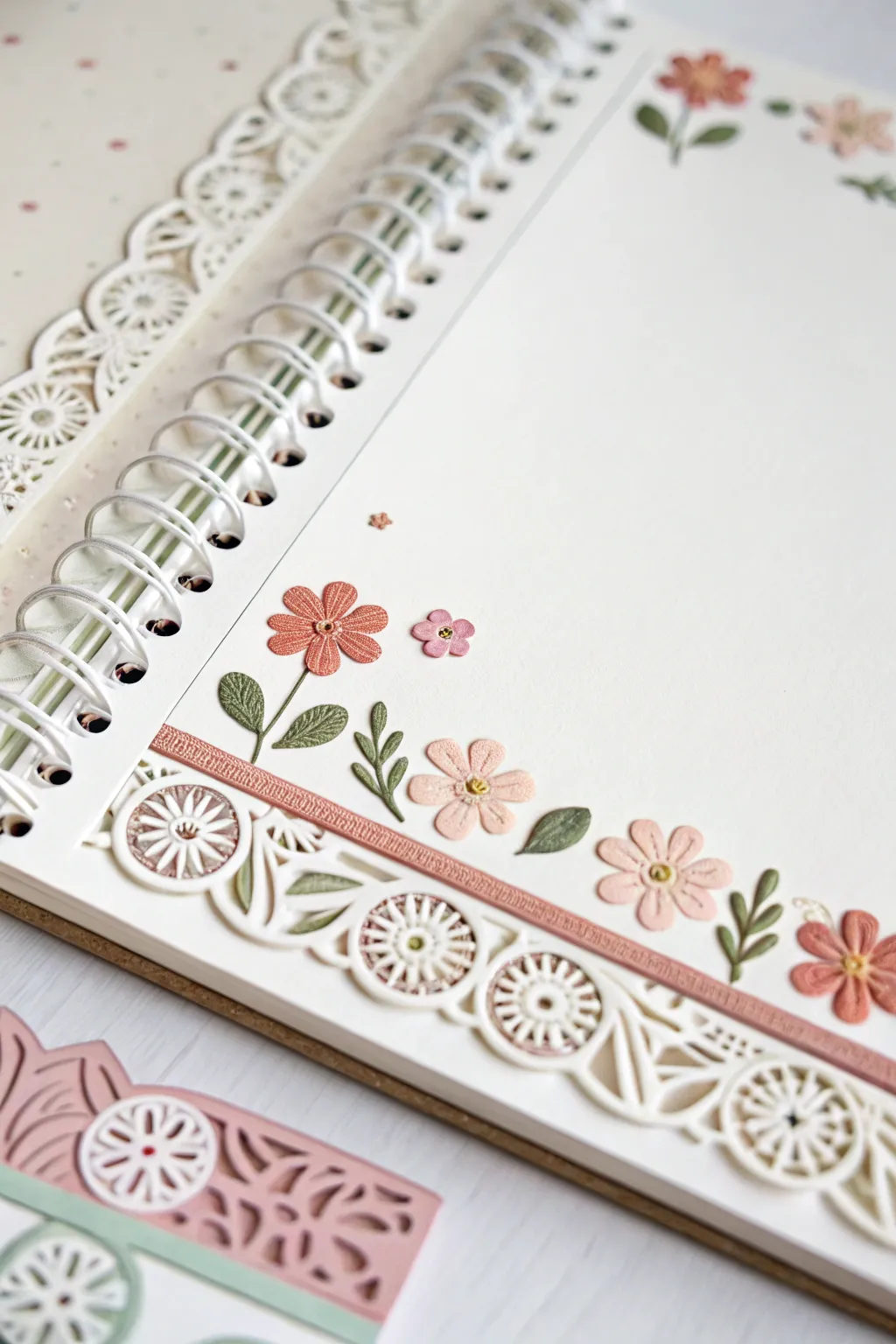 Transform your scrapbook with elegant borders and artisanal stickers, turning each page into a minimalist masterpiece.