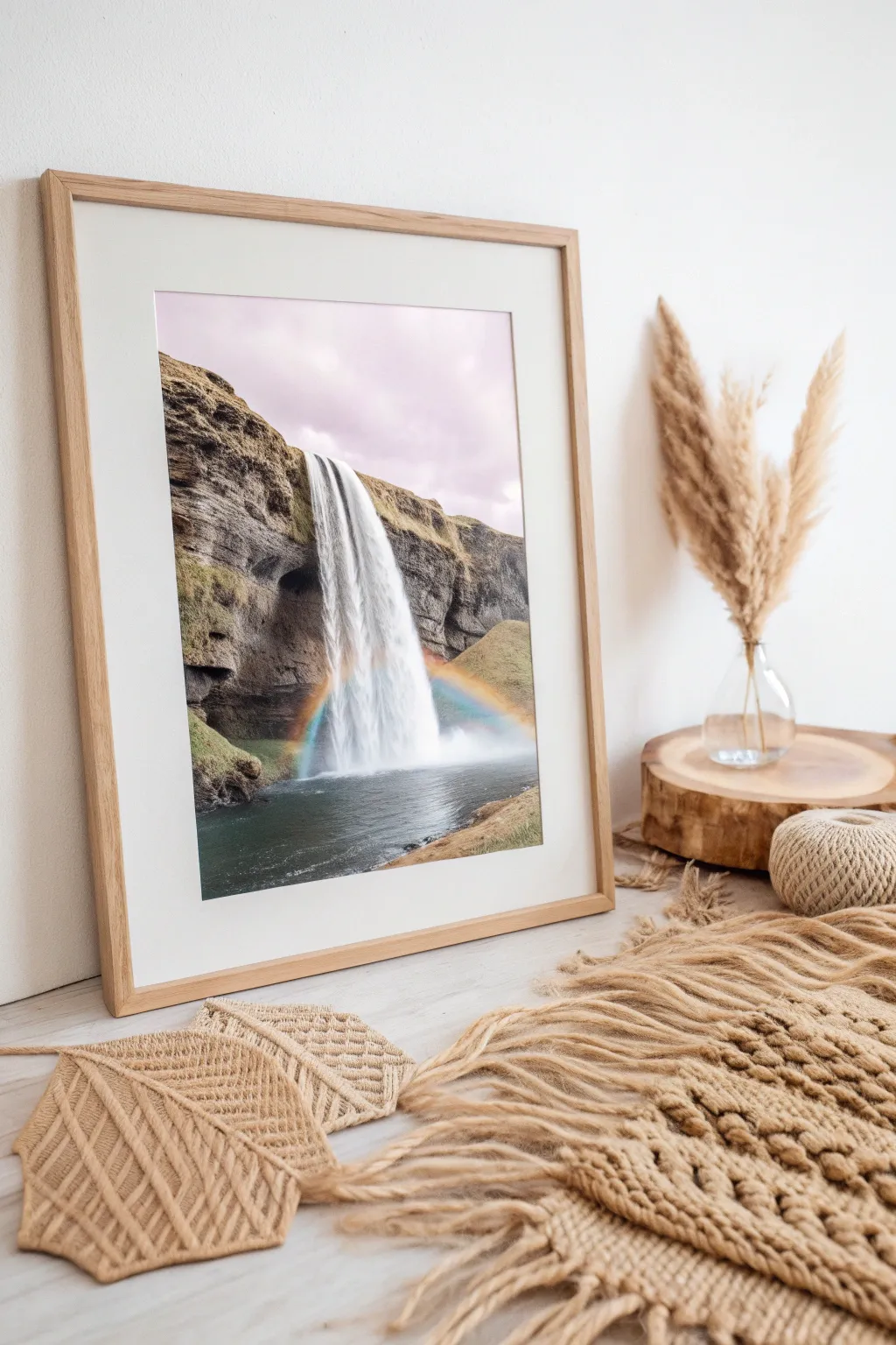 Let the serene beauty of a rainbow waterfall paint your space with joy and tranquility.