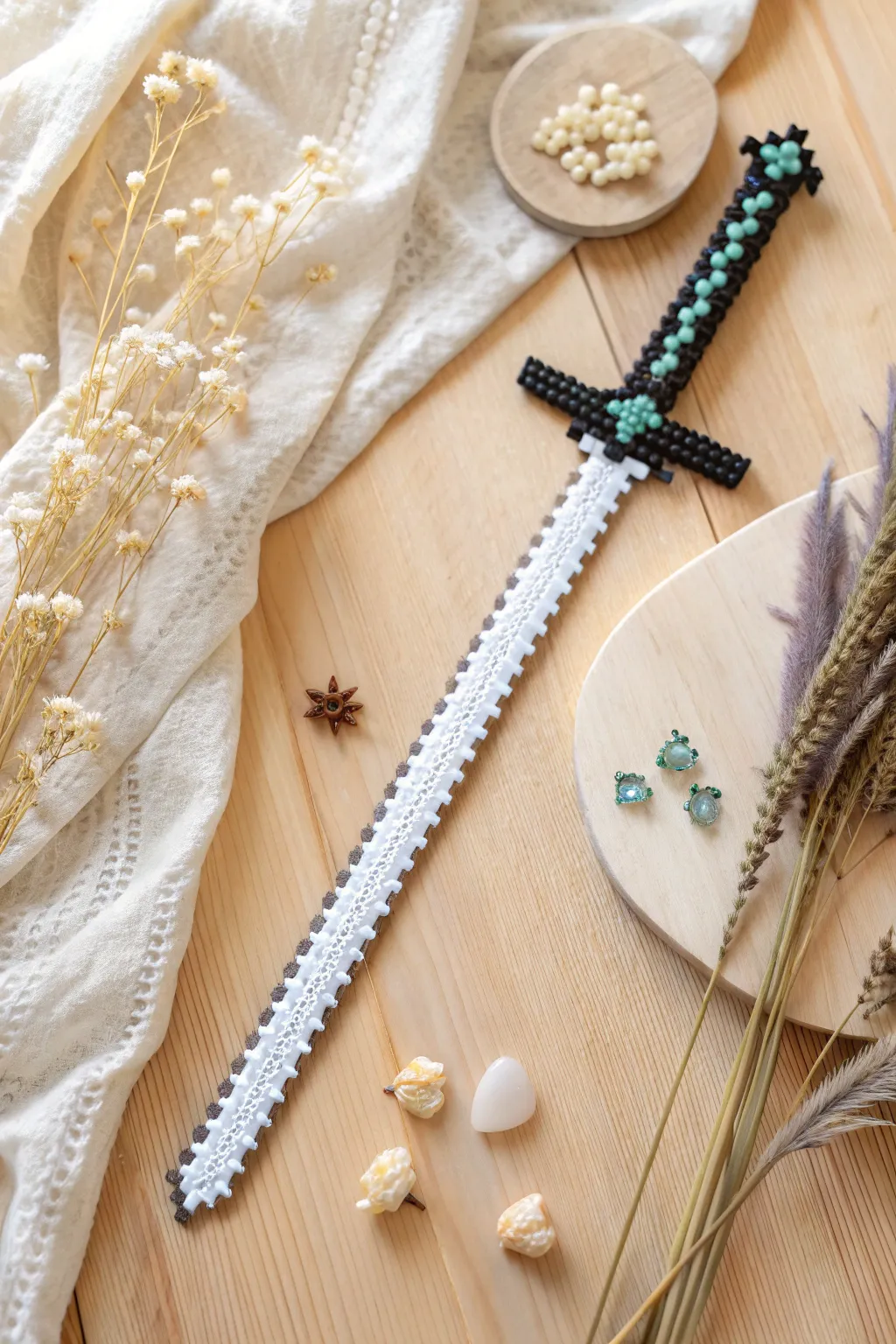 Crafted with care: A miniature anime sword in perler beads, blending Scandinavian simplicity with Boho elegance.