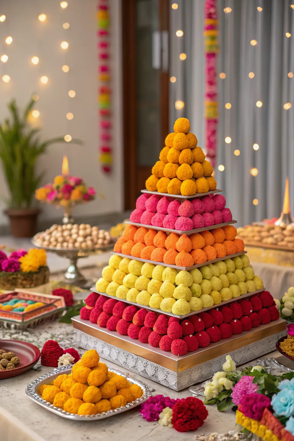 A delightful pyramid of sweets as a centerpiece for Annakut.