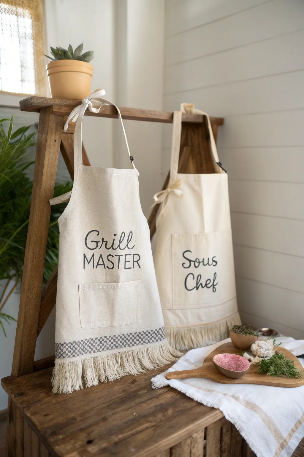 Elevate your culinary adventures with these charming, handcrafted couple's aprons. Perfect for the minimalist duo who loves to cook together.