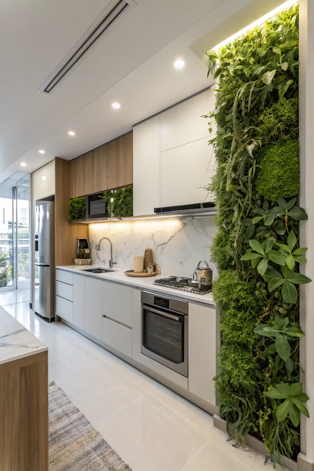 A plant wall brings a fresh vibe to the kitchen.