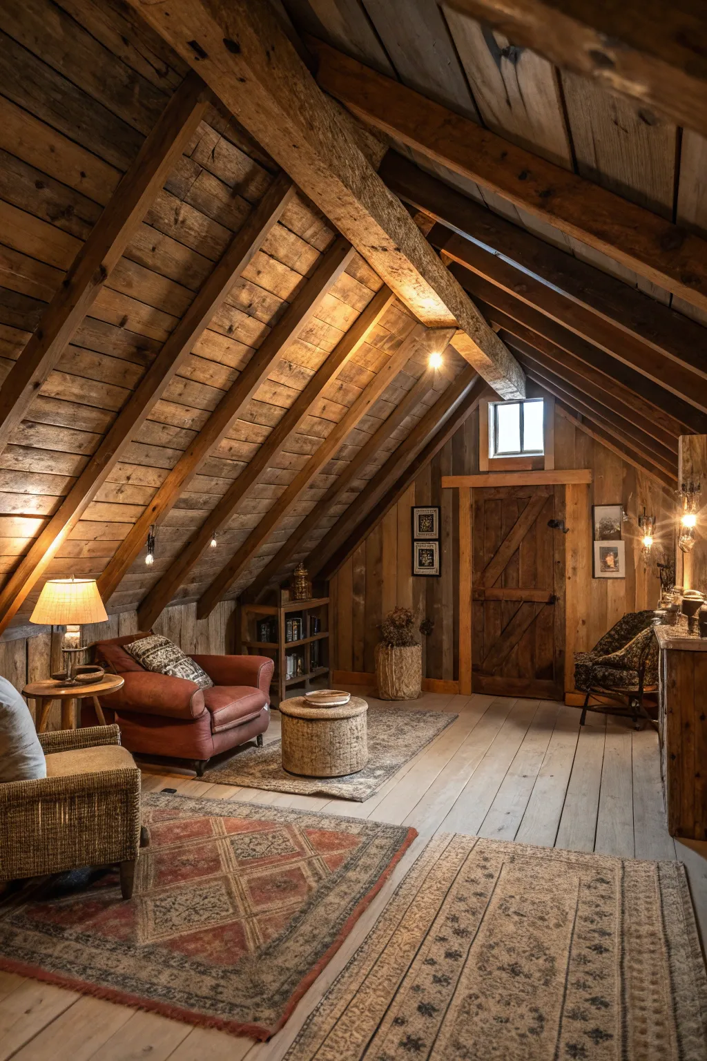 A rustic attic space with charming wooden elements.