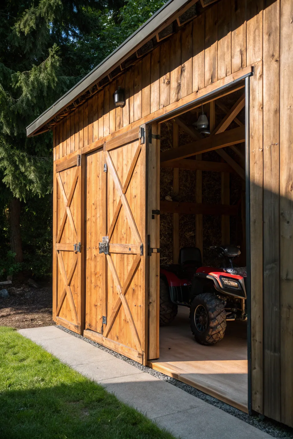 Effortless access with stylish sliding barn doors for your ATV storage solution.