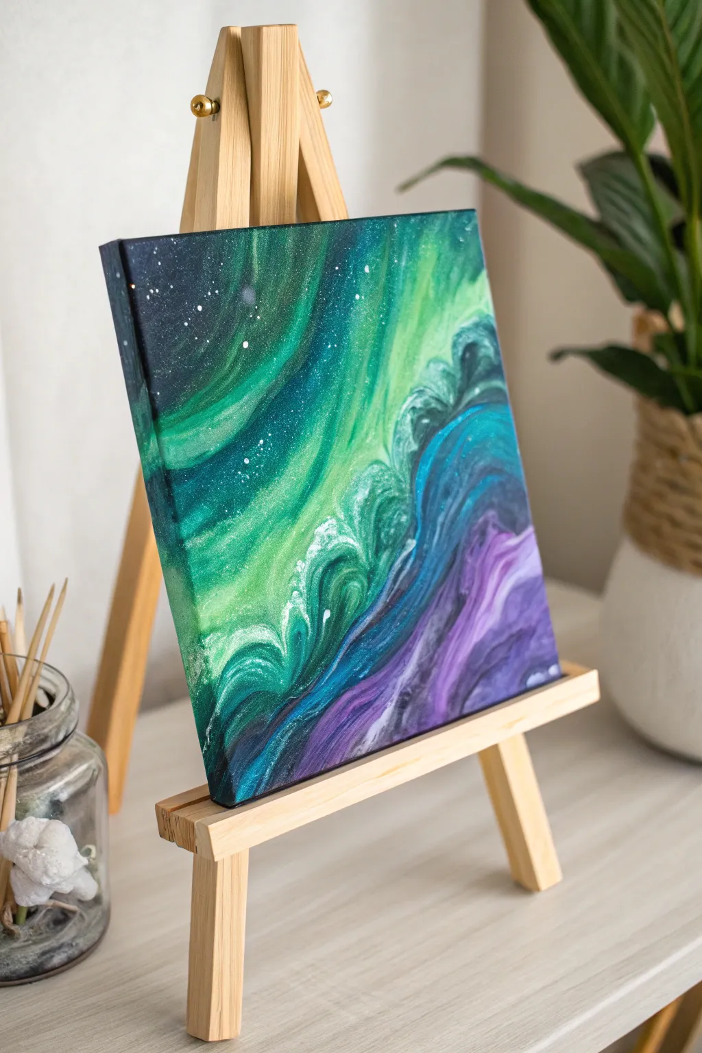 Dive into the enchanting dance of colors with acrylic pouring—your canvas for capturing the aurora's magic.