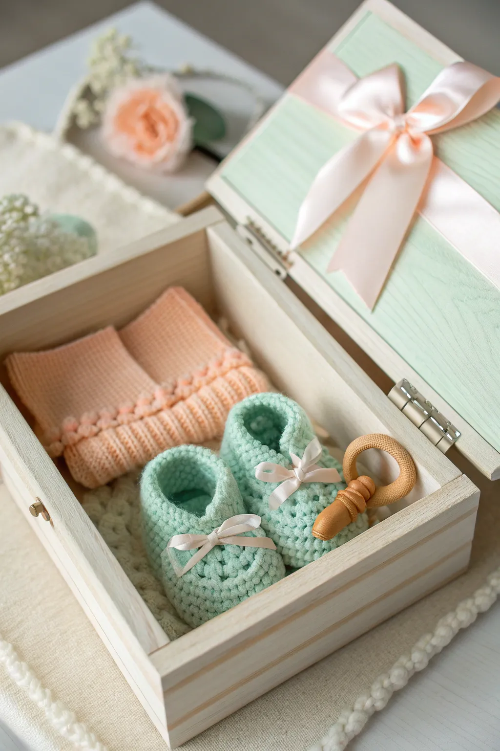 Delight in the simplicity of a soft mint and peach themed baby announcement box — a perfect blend of modern charm and natural beauty.