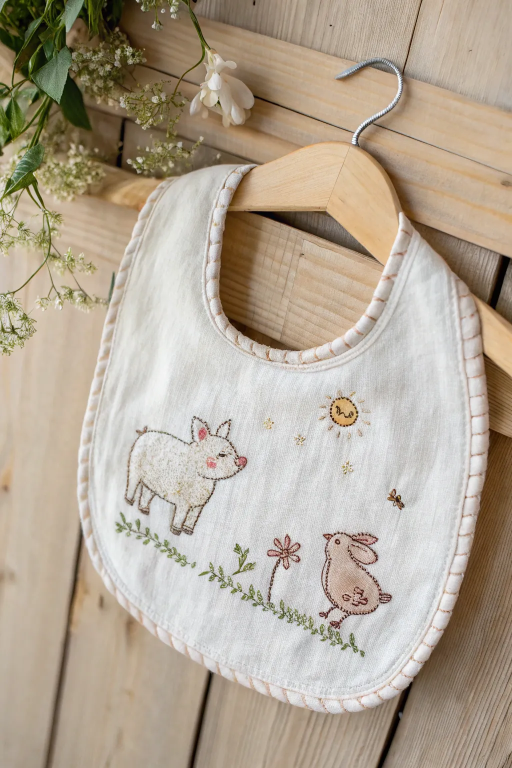Embrace the charm of the countryside with this beautifully crafted farmyard-themed baby bib, adding a playful touch to mealtimes.
