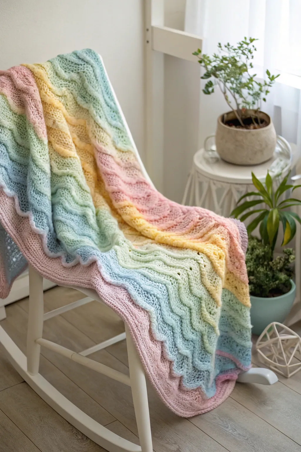 Add a splash of joy to your nursery with this charming rainbow ripple baby blanket.