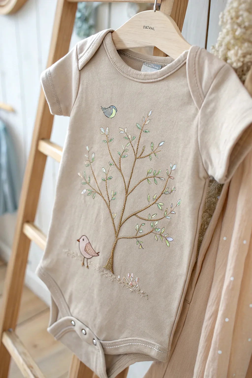 Embrace nature's charm with this delicately embroidered baby onesie, where simplicity meets serene beauty.