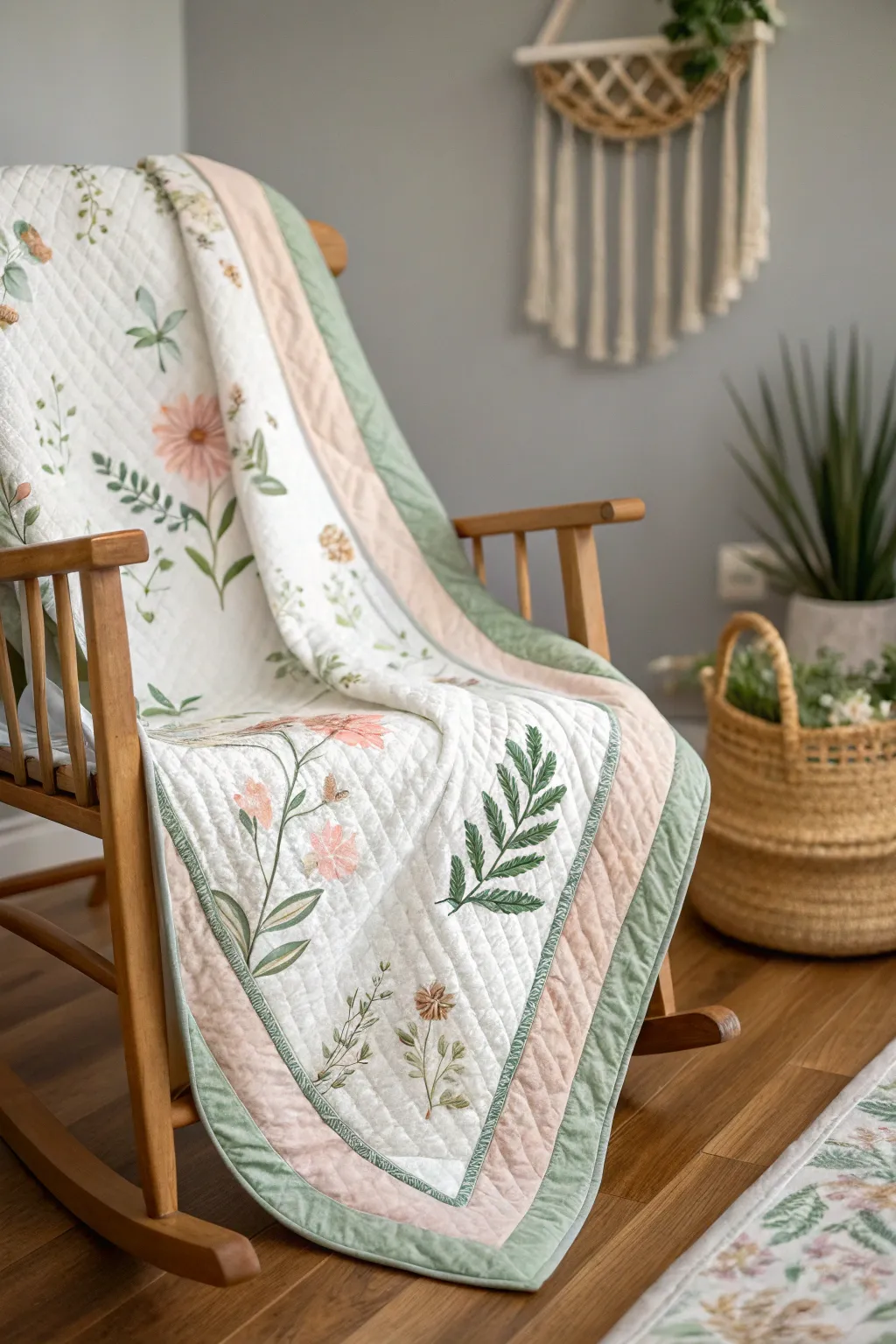 Embrace the tranquility of nature with this exquisite floral baby quilt, perfect for creating a serene nursery haven.