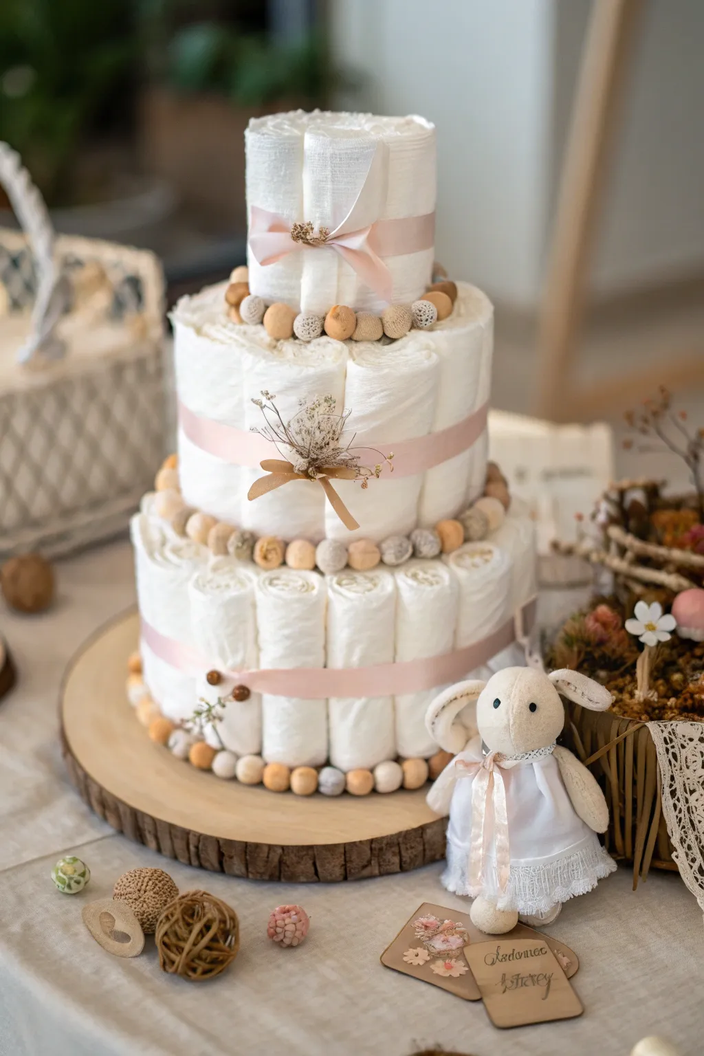 Elevate your baby shower decor with a stunning diaper cake that combines practicality with boho-chic elegance.