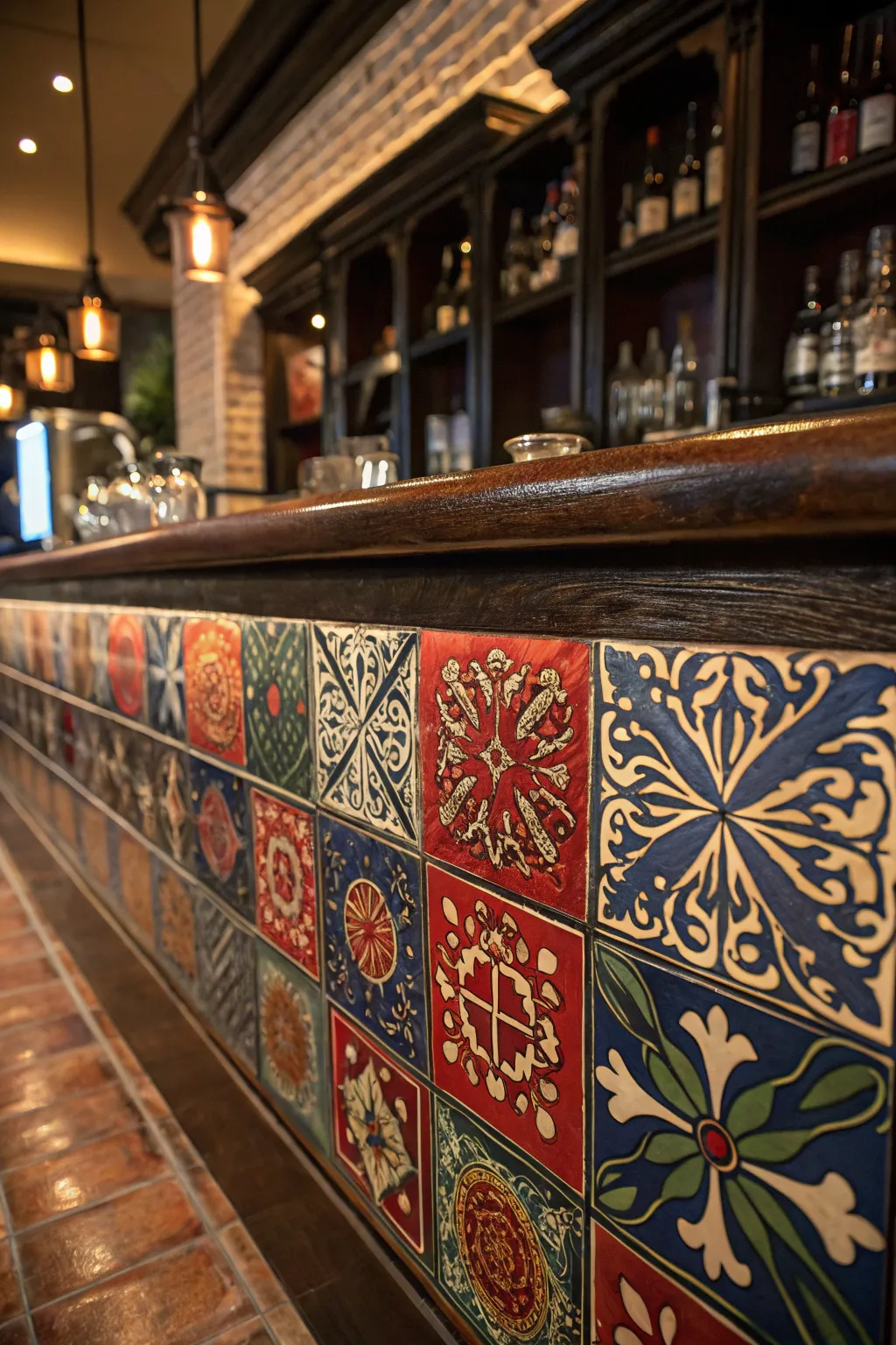 Elevate your bar space with the artistry of colorful tile patterns.