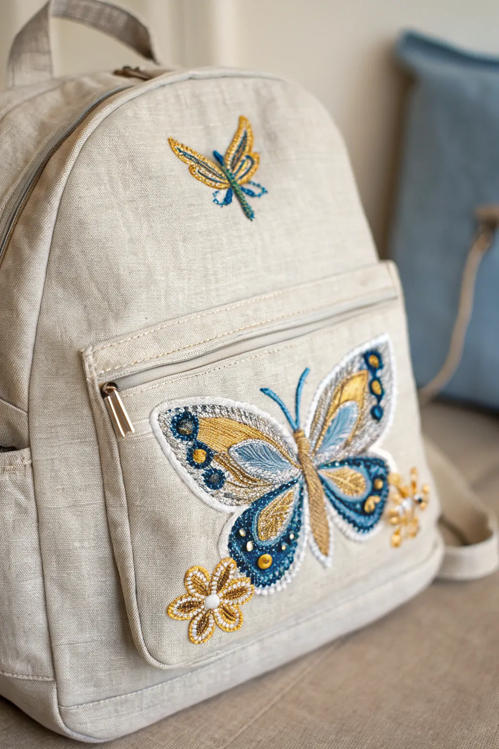 Whimsical elegance: a butterfly embroidery brings your backpack to life.