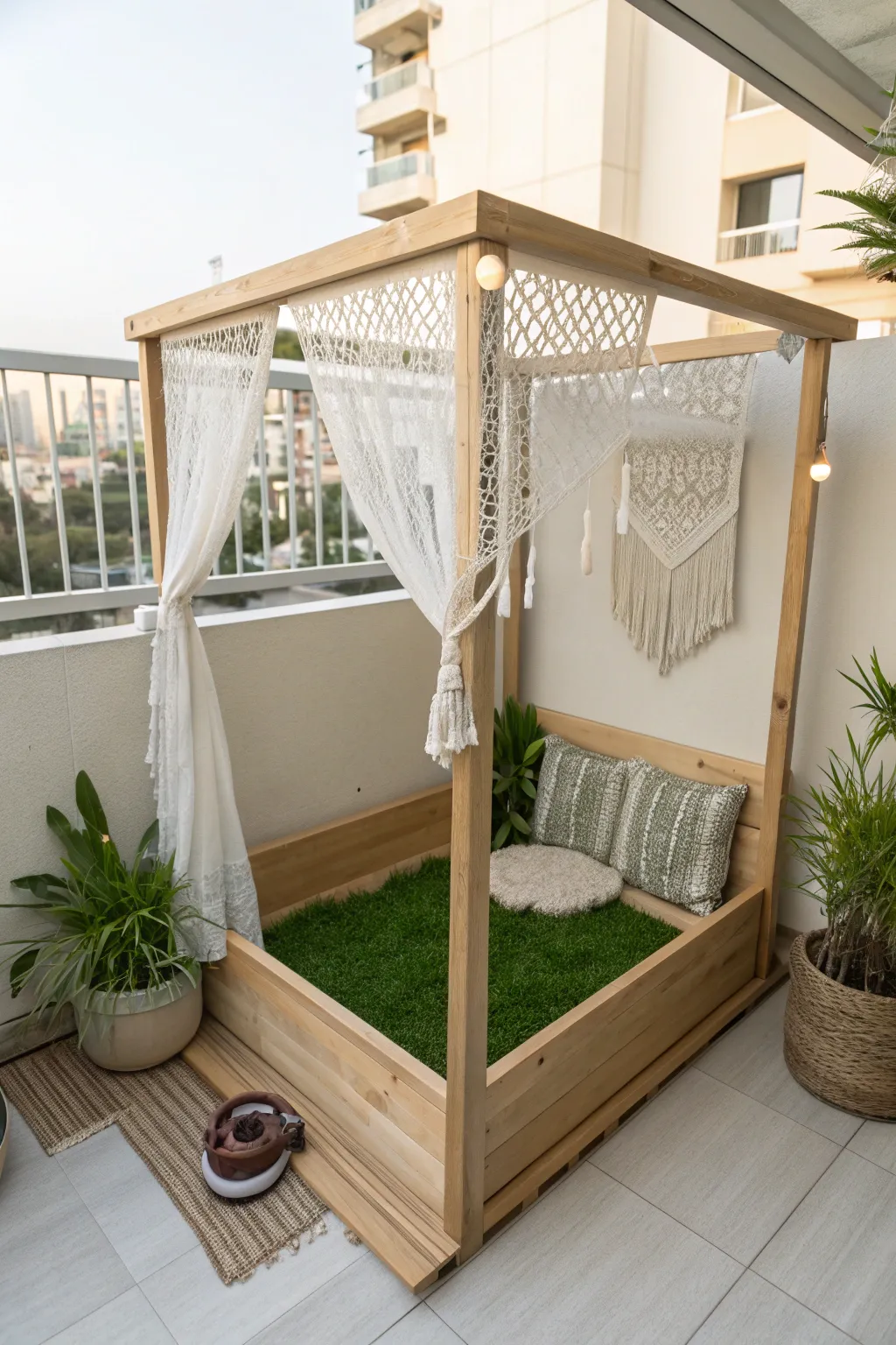 Elevate your balcony with a stylish, weather-protected dog potty area that blends simplicity with natural beauty.