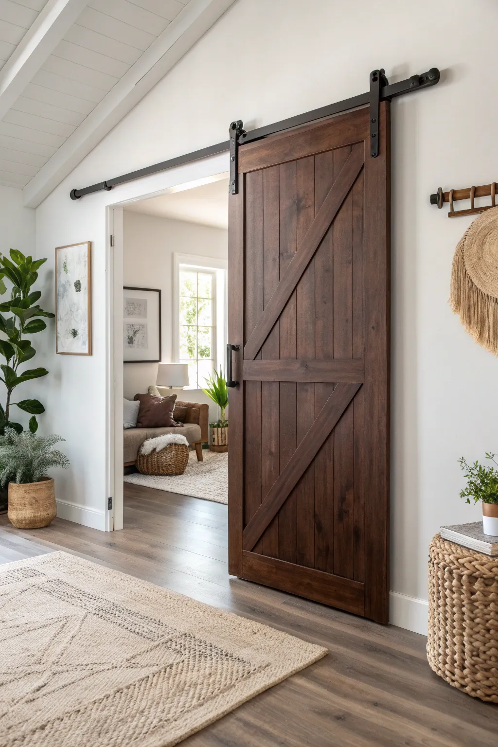 Elevate your space with the timeless allure of an Espresso-stained barn door, where modern farmhouse meets minimalist elegance.