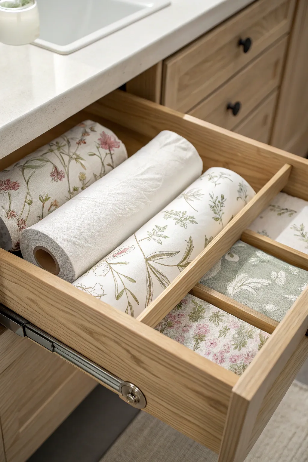 Transform your bathroom drawers with a touch of elegance using decorative wrapping paper for a chic, minimalist upgrade.